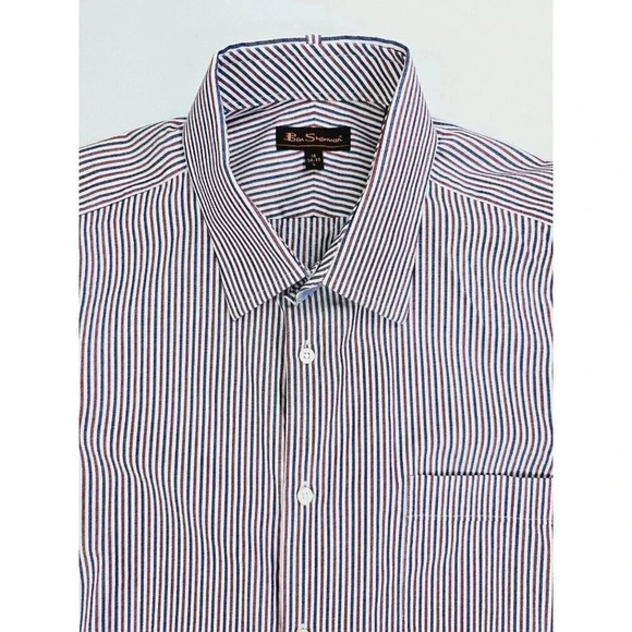 Ben Sherman Size 16 34-35 Large REd White Blue Stripe Long Sleeve Cotton Shirt - Picture 1 of 12